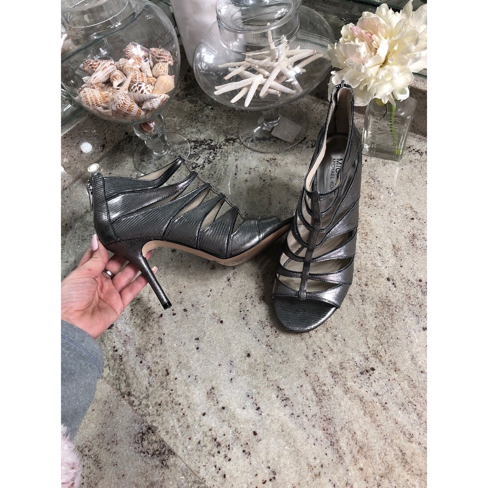 Michael Kors 9 Silver Gray leather Strappy gladiator High Heel Sandals Cage